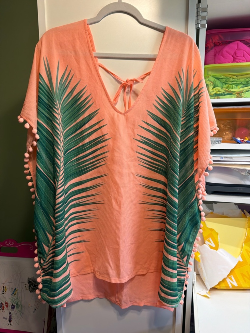 Xhilaration Peach Palm-Print Tie-Back Tunic with Pom Trim